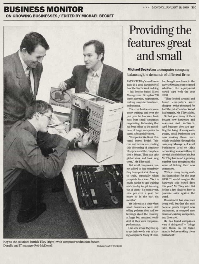Business Monitor newspaper clipping from January 1999 featuring Patrick Tiley